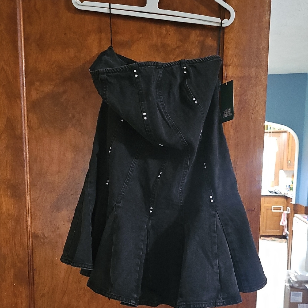 Target Black Wash Strapless Denim Dress With White Rhinestones